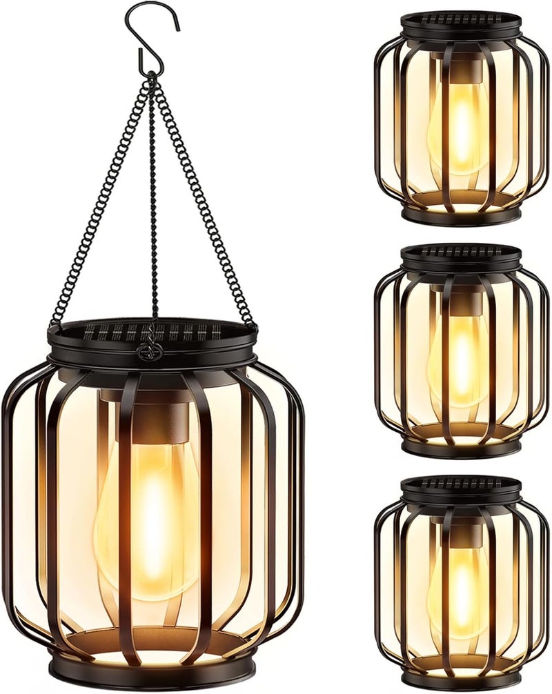 BONLION Solar Hanging Lanterns Outdoor Waterproof: 4 Pack Metal Solar-Powered Lights with Hook, Bright Warm Lantern Decor for Outside, Classic Outdoor Lighting for Yard Garden Patio Porch Balcony Decorations - Image 1